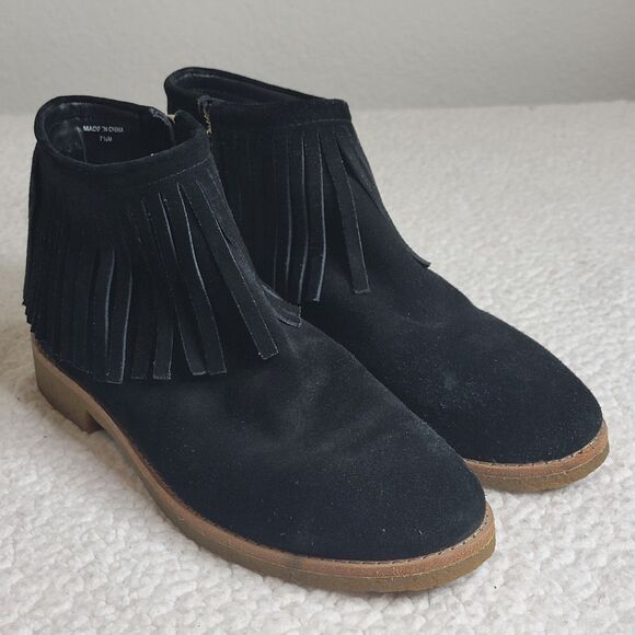 Kate Spade Women's Size 7.5M Round Toe Fringe Ankle Gold Side Zip Boots Black - Picture 1 of 12